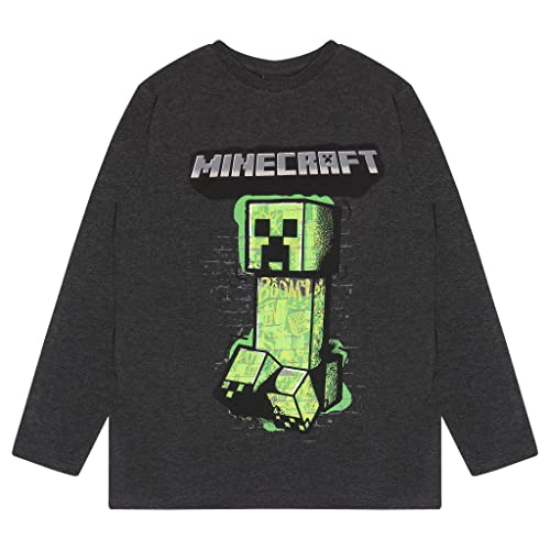 Minecraft Chasing Creeper Langarm T Shirt, Kinder, 128-170, Charcoal Heather, Offizielle Handelsware von Popgear