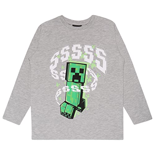 Minecraft SSSSS Creeper Langarm T Shirt, Kinder, 128-170, Heather Grey, Offizielle Handelsware von Popgear