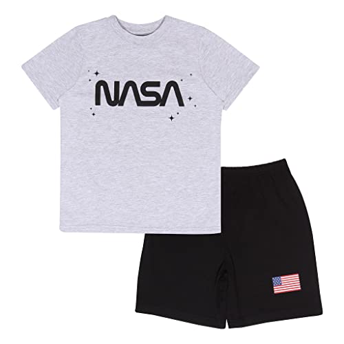 NASA US Flag Text Logo Kurzer Pyjama, Kinder, 116-170, Schwarz/Heather grau, Offizielle Handelsware von Popgear