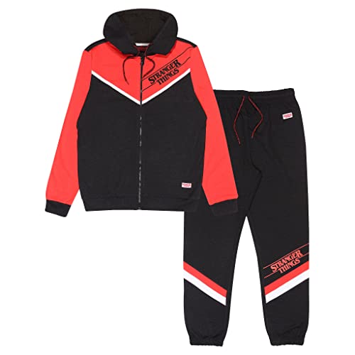 Stranger Things Textlogo Brustdruck Reißverschluss Hoodie & Jogging Bottoms Set, Adultes, S-5XL, Rot schwarz, Offizielle Handelsware von Popgear