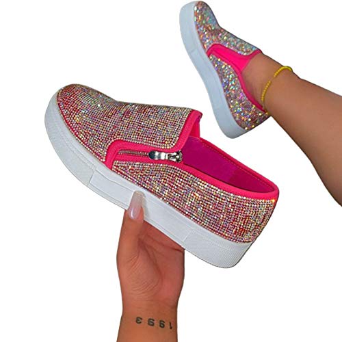 Damenschuhe, Stilvolle Damen Slip On Shiny Strass Zipper Platform Schuhe Low-Cut-Sneakers RoseateNone 37 von Porfeet