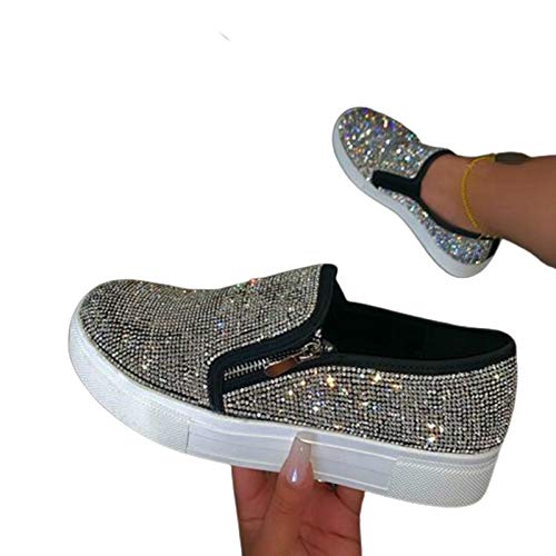 Damenschuhe, Stilvolle Damen Slip On Shiny Strass Zipper Platform Schuhe Low-Cut-Sneakers Schwarz 35 von Porfeet