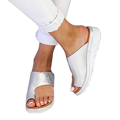 Porfeet Damen Flip-Flops, Summer Beach Clip Toe Kunstleder Slide Sandalen Schuhe Damen Flache Flip-Flops Silber 35 von Porfeet