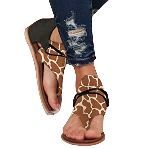 Damen Sandalen, Damen Mode Sommer Leopard Schlange Zebradruck Reißverschluss Strandsandalen Flache Schuhe Giraffendruck 40 von Porfeet