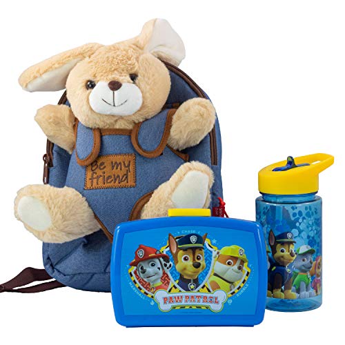 P:os 81442 PAW Patrol - Rucksack für Kinder mit abnehmbarem Plüschtier Hase Bob, Paw Patrol Brotdose und Trinkflasche in Blau, ideales Set für den Kindergarten oder bei Familienausflügen von PAW PATROL
