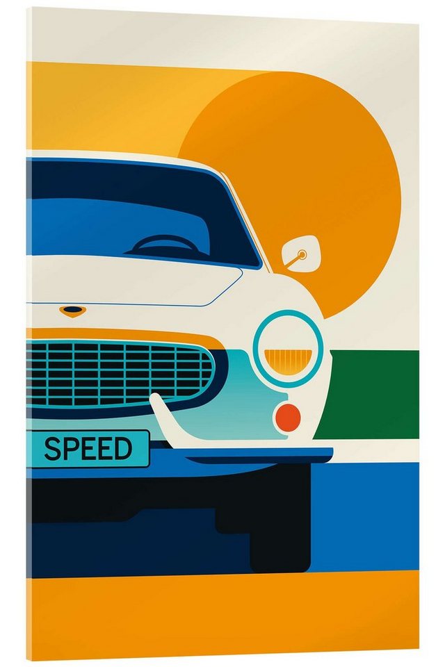 Posterlounge Acrylglasbild Bo Lundberg, White vintage sports car front, Lounge Grafikdesign von Posterlounge