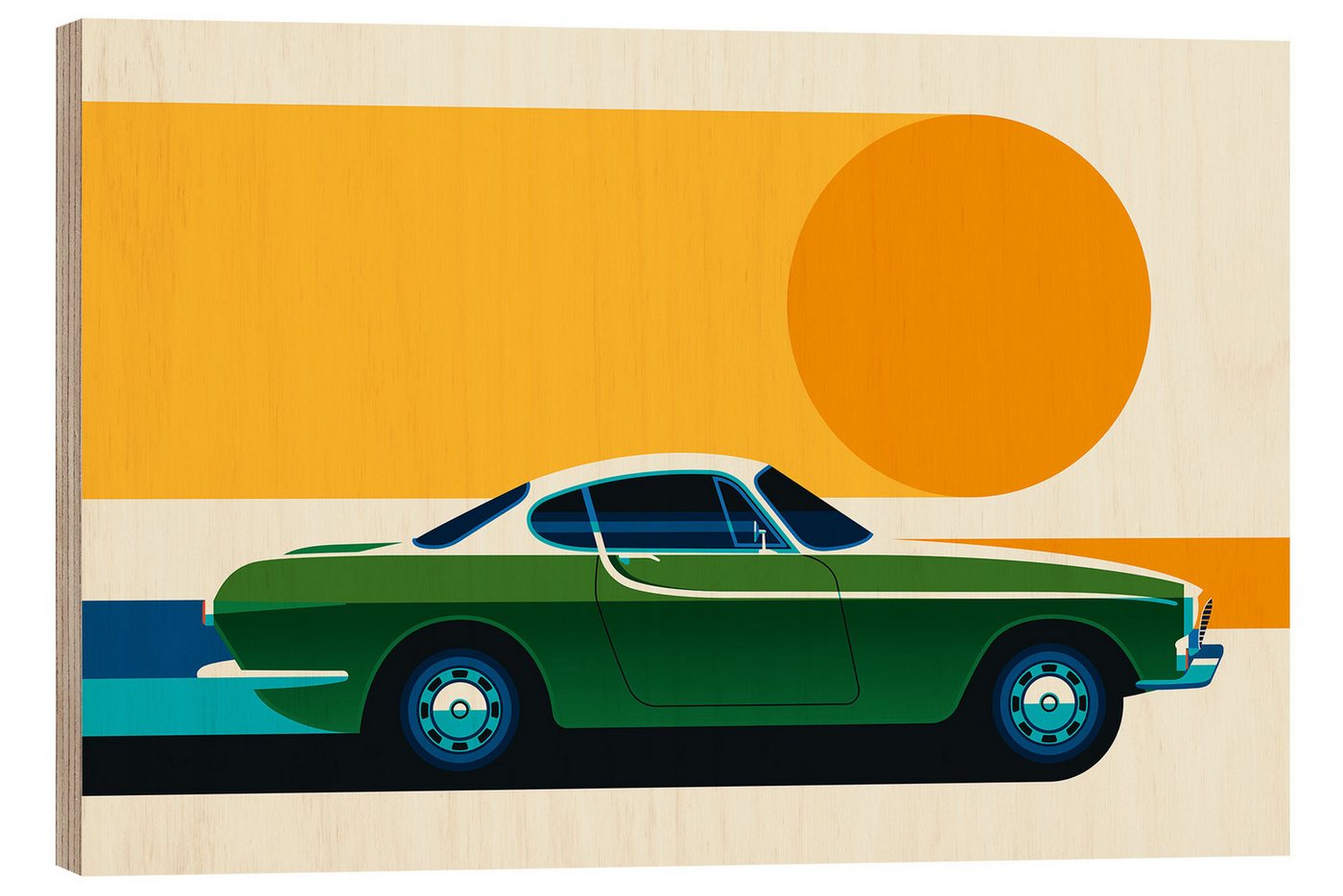 Posterlounge Holzbild Bo Lundberg, Green vintage sports car side, Lounge Digitale Kunst von Posterlounge