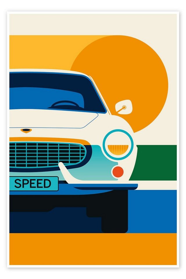 Posterlounge Poster Bo Lundberg, White vintage sports car front, Lounge Illustration von Posterlounge