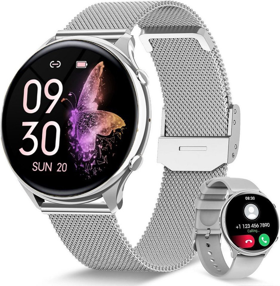 Powerwill Smartwatch Damen mit Telefonfunktion, 1,39-Zoll-HD-Voll-Touchscreen Smartwatch (1,39 Zoll), mit Wechselarmband aus Silikon, Fitness-Tracker mit 120 Sportmodi, SpO2-Herzfrequenzmesser von Powerwill