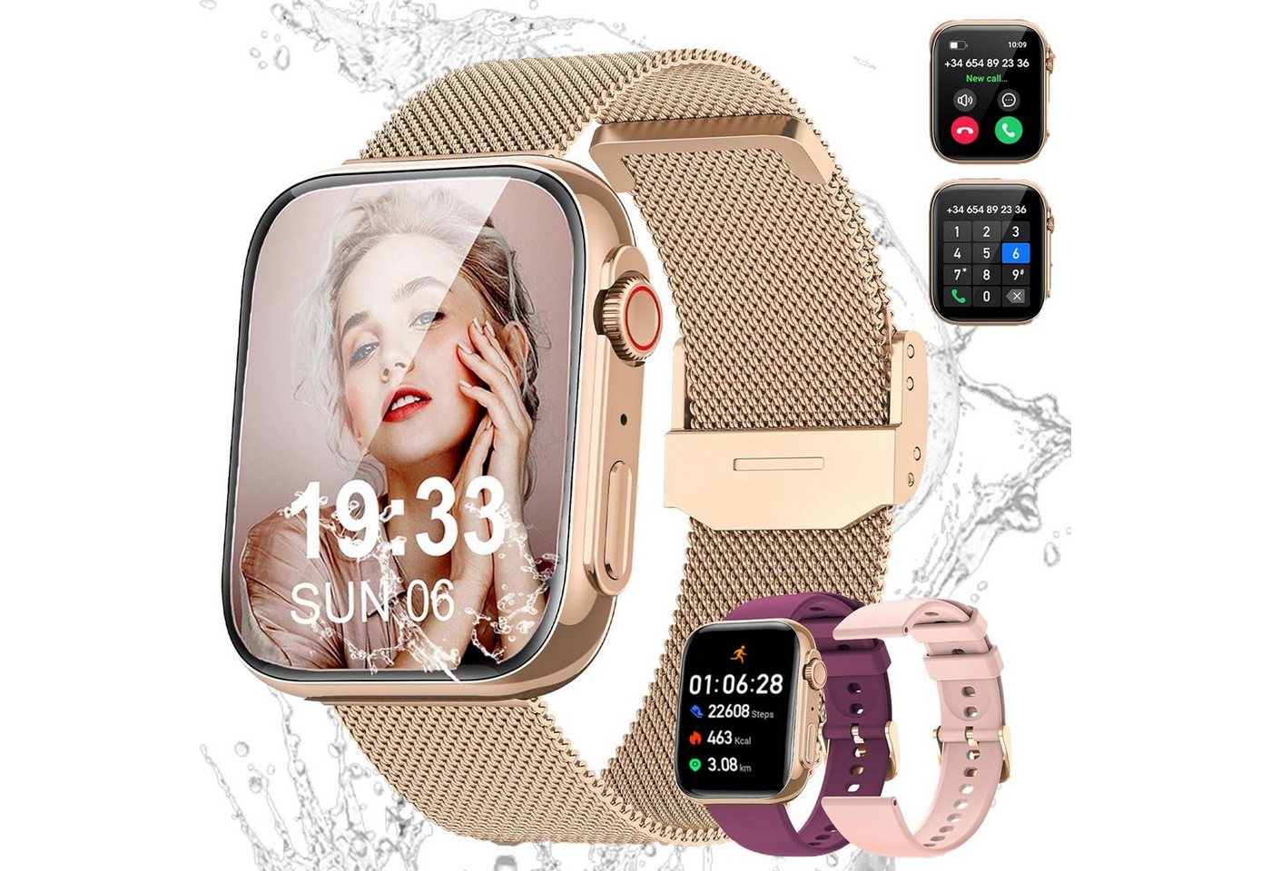 Powerwill Smartwatch für Damen Herren, Sportuhr Smartwatch mit Bluetooth Anrufe Smartwatch (1,91 Zoll) Fitnessuhr Tracker mit Schlafmonitor/Blutdruck/Herzfrequenz/SpO2, 2 Austauschbare Armbander, 120+ Sportuhr IP68 Wasserdicht für iOS Android von Powerwill