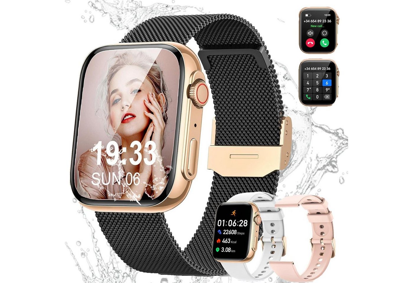 Powerwill Smartwatch für Damen Herren, Sportuhr Smartwatch mit Bluetooth Anrufe Smartwatch (1,91 Zoll) Fitnessuhr Tracker mit Schlafmonitor/Blutdruck/Herzfrequenz/SpO2, 2 Austauschbare Armbander, 120+ Sportuhr IP68 Wasserdicht für iOS Android von Powerwill