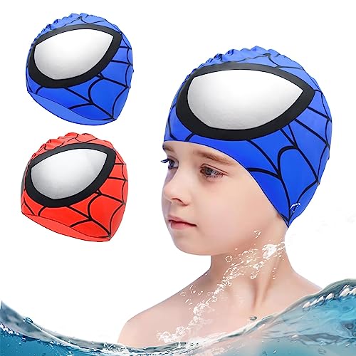 2 Stück Badekappe für Schwimmer Kinder Jungen und Mädchen,Silikon Badehaube wasserdichte Badekappen Badehut Bademütze Schwimmhaube Schwimmkappe (Blau&Rot) von Poywuo