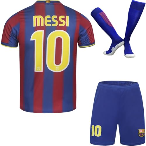 PraiseLight Barcelona Limitierte Messi #10 Heim Fußball Kinder Trikot Auflage Shorts Socken Set Nostalgie Jugendgrößen (Blau/Rot,24) von PraiseLight
