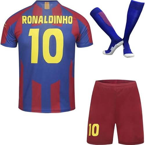PraiseLight Barcelona Limitierte Ronaldinho #10 Heim Fußball Kinder Trikot Auflage Shorts Socken Set Nostalgie Jugendgrößen (Blau,28) von PraiseLight