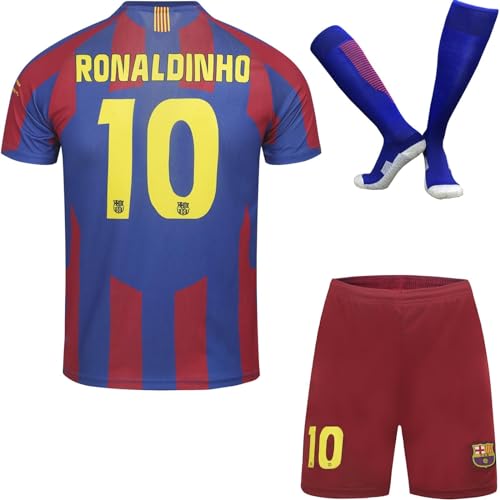 PraiseLight Barcelona Limitierte Ronaldinho #10 Heim Fußball Kinder Trikot Auflage Shorts Socken Set Nostalgie Jugendgrößen (Blau,30) von PraiseLight