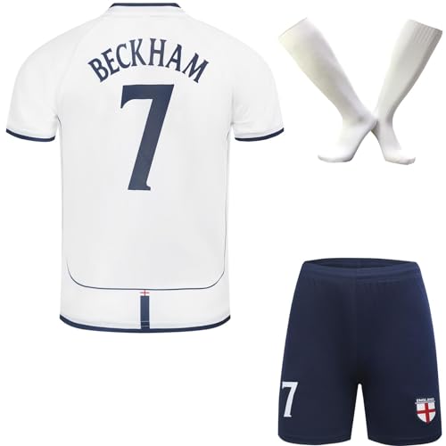 PraiseLight Limitierte England Legende Beckham #7 Heim Fußball Kinder Trikot Auflage Shorts Socken Set Nostalgie Jugendgrößen (Weiß,30) von PraiseLight