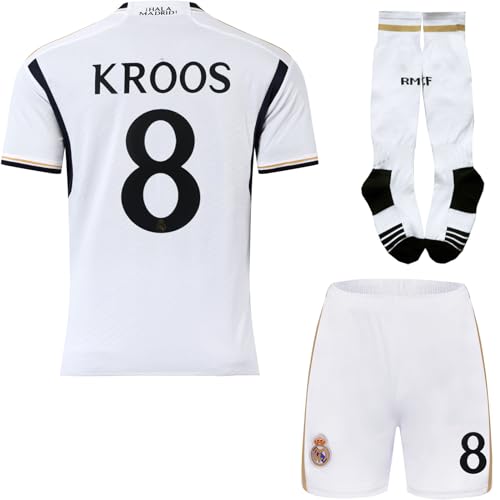 PraiseLight R. Madrid Toni Kroos #8 Heim Kinder Trikot 2023/2024 Fußball Shorts Socken Set Jugendgrößen (Weiß,20) von PraiseLight