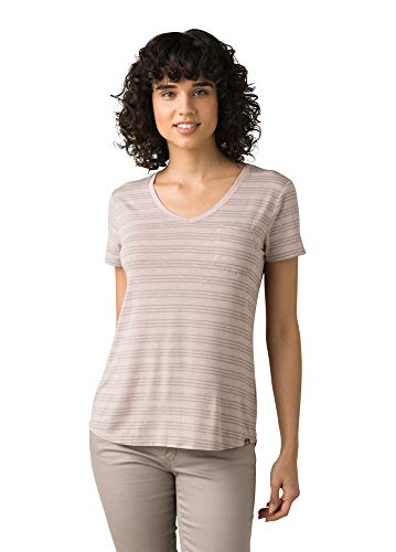 prAna Damen Foundation Kurzarm V-Ausschnitt T-Shirt Sparrow Heather Stripe, Größe S von Prana