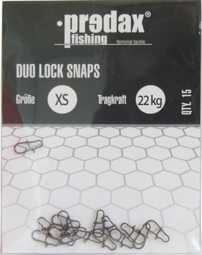 Predax Duo Lock Snap - 15 Snaps für Raubfischvorfächer, Einhänger für Kunstköder wie Wobbler, Jerkbaits, Gummifische, Blinker, Spinner, Größe/Tragkraft:Gr. XS / 22kg von Predax