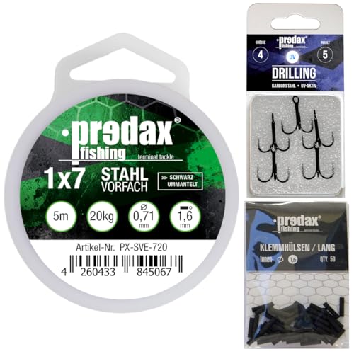 Predax Stahlvorfach 1x7 5m 20kg + 50 Klemmhülsen 1,6mm + 5 Drillinge Gr. 4 - Vorfach Set zum Angeln auf Hecht, Stahlvorfächer & Stinger von Predax