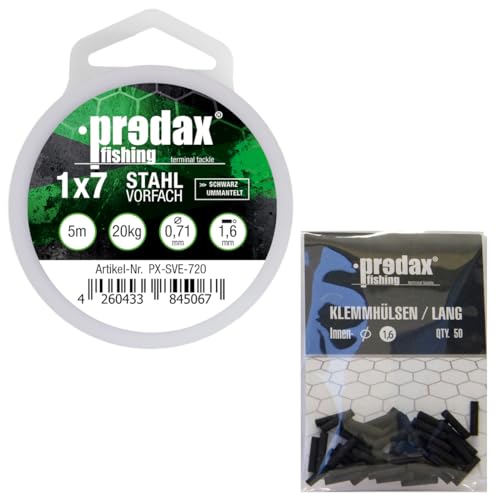Predax Stahlvorfach 1x7 schwarz 5m 20kg + 50 Klemmhülsen 1,6mm - Set, Angelset, Vorfach zum Angeln auf Zander & Hechte von Predax