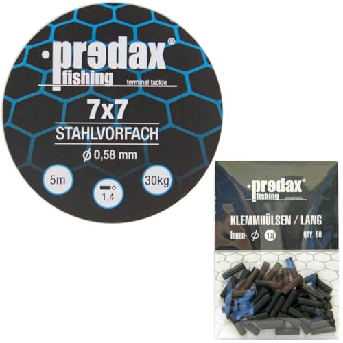 Predax Stahlvorfach 7x7 braun 5m 30kg + 50 Klemmhülsen 1,8mm - Set, Angelset zum Bauen von Stingern & Stahlvorfächern von Predax