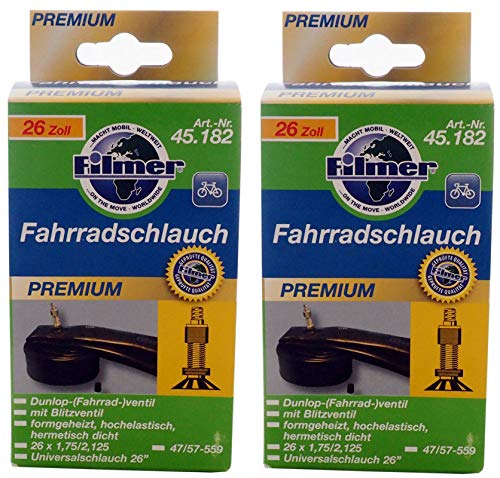 2X Fahrradschlauch Premium 26 Zoll Dunlop-Ventil ERTRO: 47/57-559 26x1,75/2,125 von Preisjubel