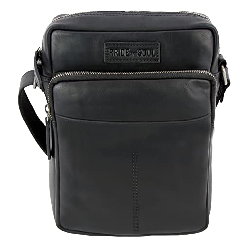 Pride and Soul 47535 - Umhängetasche Port, Schultertasche mit Handyfach für gängige Smartphones, Handytasche zum Umhängen, Universal Ledertasche, Mini Bag Tasche ca. 18 x 25 x 6 cm, Schwarz von Pride and Soul