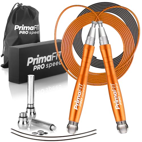 PrimaFIT Springseil Erwachsene Fitness Pro Speed Jump Rope 3m Seilspringen Verstellbar Mit Gewichten, 2 Kugellager & Anti-Rutsch Griffe, Profi Skipping Für Boxen, MMA, Crossfit, Extra Stahlseil,Tasche von PrimaFit