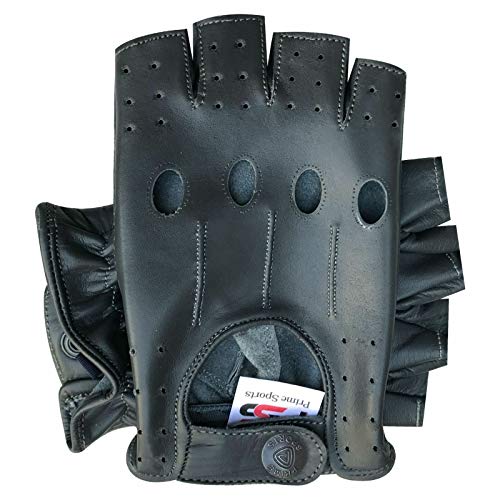 Prime Fingerlose Echtleder-Handschuhe für Motorradfahrer, halber Finger, 309 (Elefantgrau, L) von Prime Leather