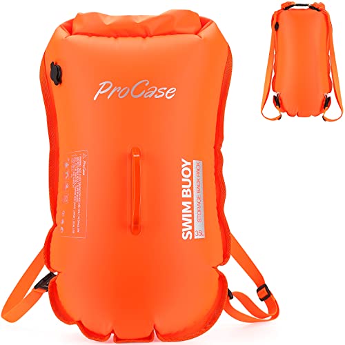ProCase Schwimmboje Doppelairbags mit 35L Trockensack, Swim Buoy Aufblasbar Boje mit Schultergurt, Sichtbares Signal Schwimm Rucksack zum Sicherheit Boje -Orange von ProCase