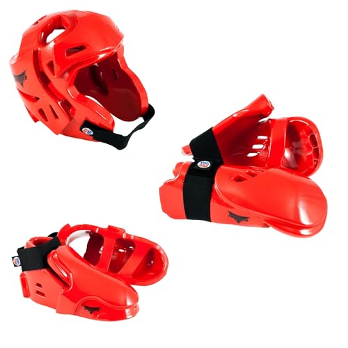 ProForce Thunder Doppellagige Sparring-Schutzausrüstung, Kopfbedeckung, Handschuhe und Schuhe, Rot, Größe L von ProForce