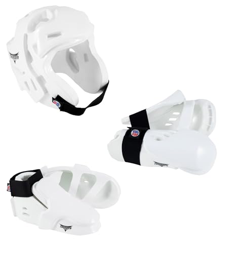 ProForce Thunder Doppellagige Sparring-Schutzausrüstung, Kopfbedeckung, Handschuhe und Schuhe, Weiß, Größe M von ProForce