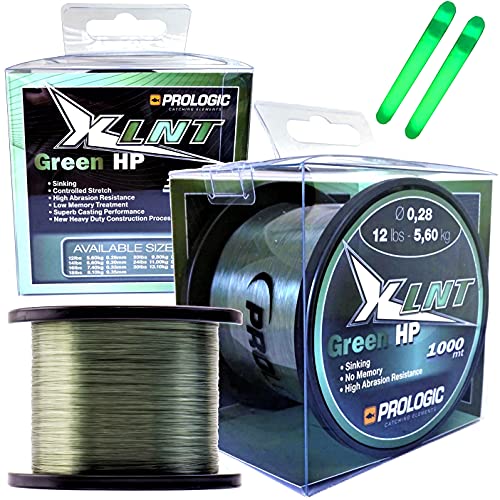 PROLOGIC XLNT HP Green Monofil Karpfen Schnur 1000m - Monofilschnur Angelschnur Karpfenschnur - 0,28mm bis 0,43mm + GRATIS 2er Pack Knicklichter (0,43mm / 13,10kg (30 lbs)) von Prologic