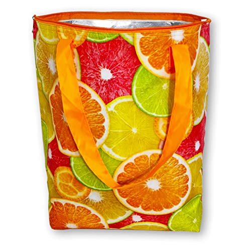 PromotionGift - Wiederverwendbare, faltbare Kühltasche, Einkaufstasche, leicht und langlebig, mit Innenfutter aus Aluminium für perfekte Kühlfunktion - 25 l (Zitronen und Orangen) von Promotiongift