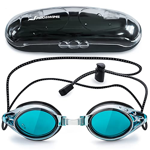 Proswims Schwimmbrille mit Antibeschlag-Beschichtung, graue Gläser mit schnell verstellbarem elastischem Bungee-Riemen, Hartschalentasche und Mikrofaser-Reinigungstuch Blau von Proswims