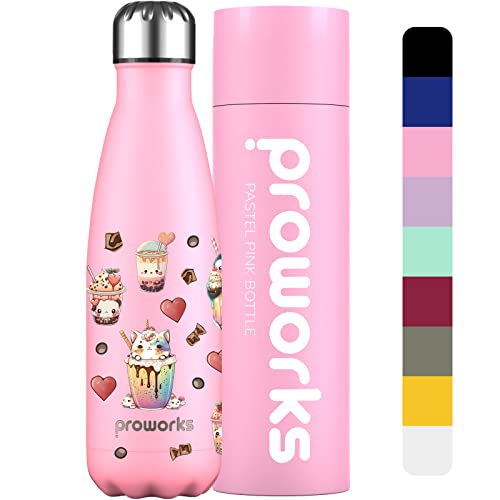 Proworks Edelstahl Trinkflasche | 24 Std. Kalt und 12 Std. Heiß - Vakuum Wasserflasche - Isolierflasche für Sport, Laufen, Fahrrad, Yoga und Camping - 500ml - Pastellrosa – Bubble Tea von Proworks