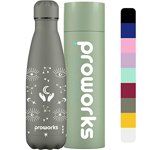 Proworks Edelstahl Trinkflasche | 24 Std. Kalt und 12 Std. Heiß - Vakuum Wasserflasche - Isolierflasche für Sport Laufen Fahrrad Yoga und Camping - 1 Liter - Schwerkraftgrau - Boho Frühling von Proworks