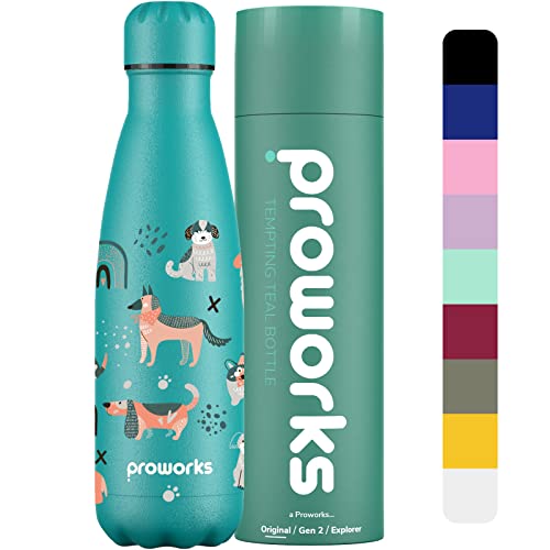 Proworks Edelstahl Trinkflasche | 24 Std. Kalt und 12 Std. Heiß - Vakuum Wasserflasche - Isolierflasche für Sport Laufen Fahrrad Yoga und Camping - 1 Liter - Verlockendes Blaugrün - Hund Pawty von Proworks