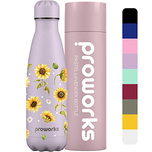 Proworks Edelstahl Trinkflasche | 24 Std. Kalt und 12 Std. Heiß - Vakuum Wasserflasche - Isolierflasche für Sport Laufen Fahrrad Yoga und Camping - 1 Litre - Pastell-Lavendel - Sonnenblumenblüten von Proworks