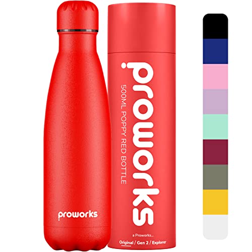 Proworks Edelstahl Trinkflasche | 24 Std. Kalt und 12 Std. Heiß - Vakuum Wasserflasche - Isolierflasche für Sport Laufen Fahrrad Yoga und Camping - 500ml - Mohnrot von Proworks
