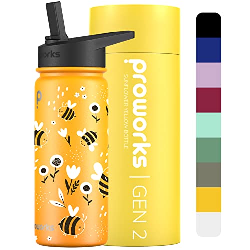 Proworks Gen 2 Edelstahl-Wasserflasche mit Strohhalm 1L 24 Stunden kalt 12 Stunden heiße Getränke auslaufsicher Metall-Isolierflasche Arbeit Fitnessstudio Reisen - Sonnenblumengelb Glückliche Biene von Proworks