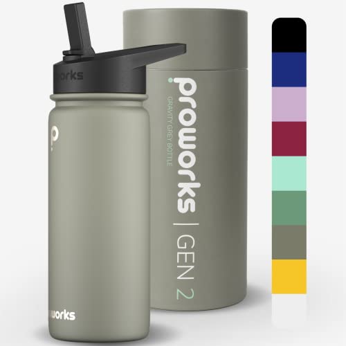 Proworks Gen 2 Trinkflasche Edelstahl mit Stroh | 540ml Wasserflasche Metall für 24 Stunden kalte und 12 Stunden heiße Getränke | Auslaufsichere Isolierflasche für Arbeit und Reisen - Schwerkraftgrau von Proworks