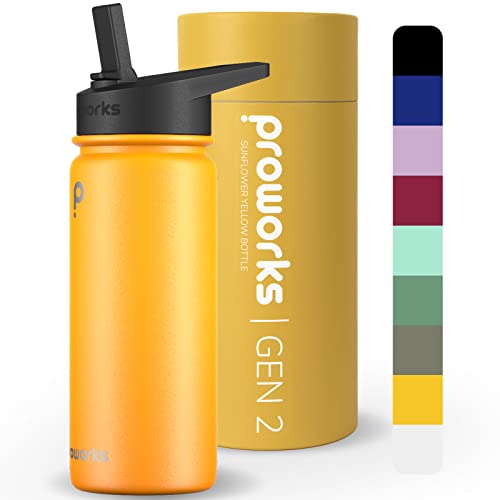 Proworks Gen 2 Trinkflasche Edelstahl mit Stroh | 540ml Wasserflasche Metall für 24 Stunden kalte und 12 Stunden heiße Getränke | Auslaufsichere Isolierflasche für Arbeit und Reisen - Sonnenblumengelb von Proworks