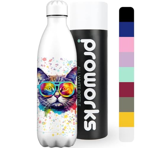 Proworks Trinkflasche aus Edelstahl | 24 Stunden kalt und 12 Stunden heiß – Vakuum-Wasserflasche – Isolierflasche für Sport, Laufen, Radfahren, Yoga und Camping – 1L – Farbspritzer – Katze von Proworks