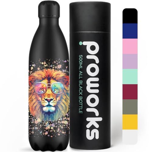 Proworks Trinkflasche aus Edelstahl | 24 Stunden kalt und 12 Stunden heiß – Vakuum-Wasserflasche – Isolierflasche für Sport, Laufen, Radfahren, Yoga und Camping – 1L – Farbspritzer – Löwe von Proworks