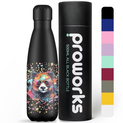 Proworks Trinkflasche aus Edelstahl | 24 Stunden kalt und 12 Stunden heiß – Vakuum-Wasserflasche – Isolierflasche für Sport, Laufen, Radfahren, Yoga und Camping – 500ml – Farbspritzer – Panda von Proworks