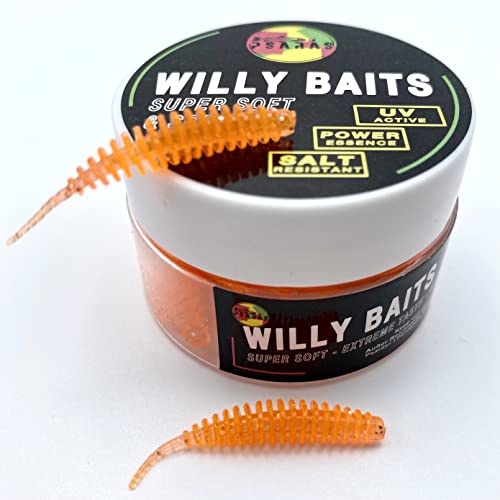 Psarás Forellen Aroma Softbaits Set Box - 38 mm - Trout Fishing Baits - Willy Baits (orange-Glitter) von Psarás