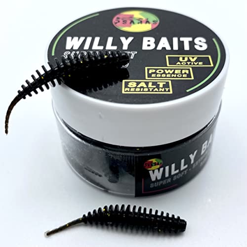 Psarás Forellen Aroma Softbaits Set Box - 38 mm - Trout Fishing Baits - Willy Baits (schwarz-goldglitter) von Psarás