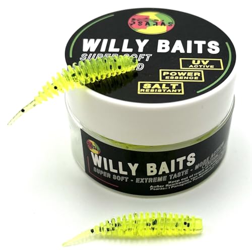 Psarás Willy Baits - 38mm - Forellen Softbaits 20 STK. Box - Knobi Aroma Lamellen Gummiwürmer - Trout Fishing (gelb-Glitter) von Psarás
